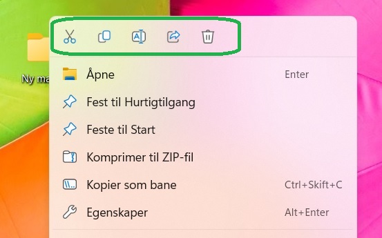 Windows-meny som viser valg for klipp ut, kopier, gi nytt navn, del og slett