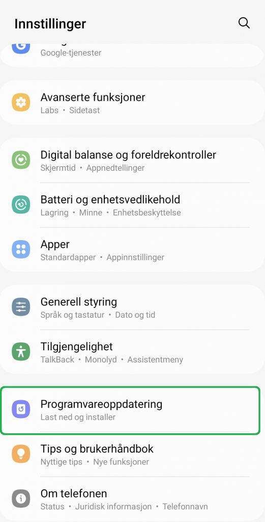 Skjermbilde fra Innstillingsmenyen på Android-telefon.