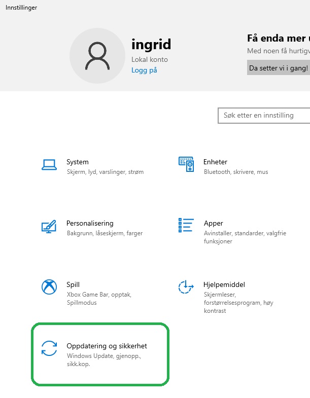 Skjermbilde som viser Innstillinger-menyen på Windows 10 og oppdaterings-alternativet.