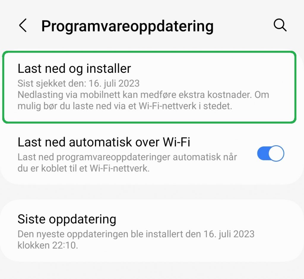 Skjermbilde av programvareoppdatering på Android.