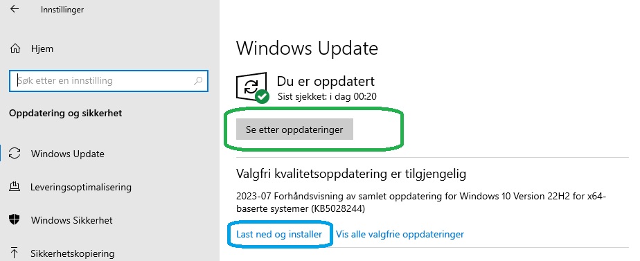 Skjermbilde som viser hvor du finner oppdateringer til Windows 10 .