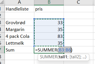 Bilde av summeringsformel i excel