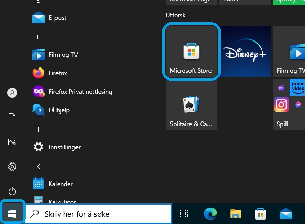 Skjermbilde som viser hvor man finner Microsoft Store.