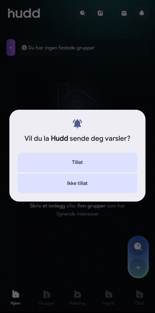Skjermbilde fra oppstartsprosess i Hudd-appen.