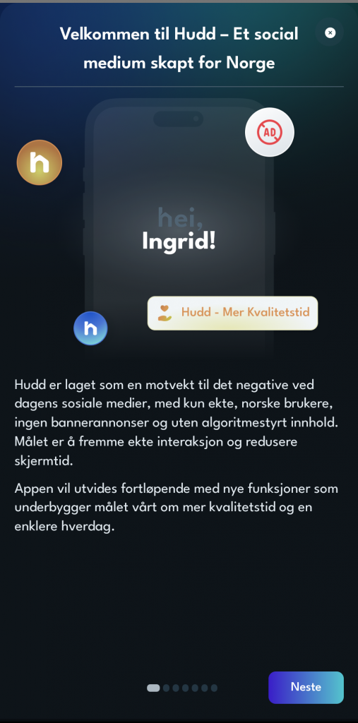 Skjermbilde fra oppstartsprosess i Hudd-appen.