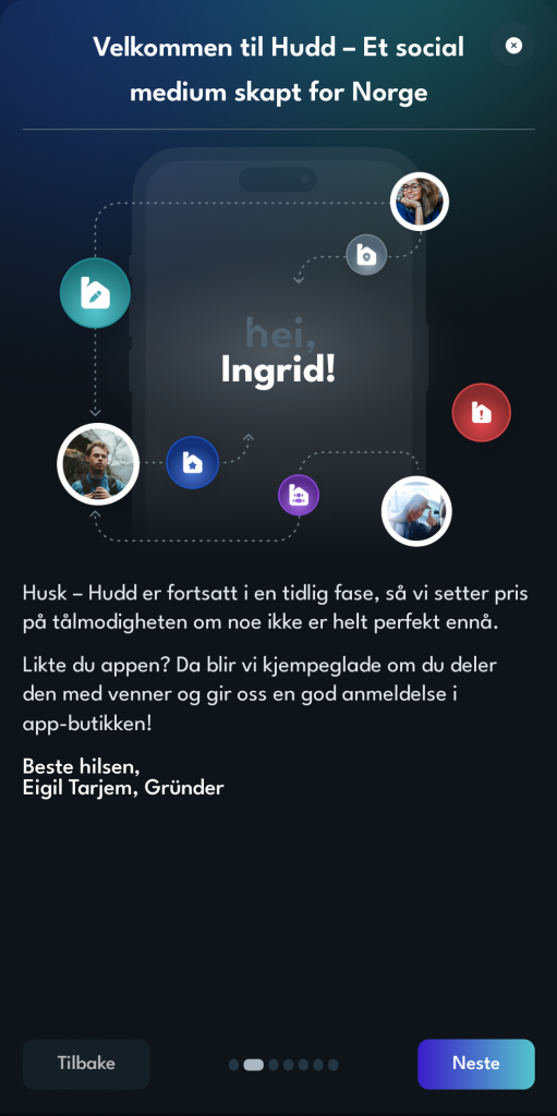 Skjermbilde fra oppstartsprosess i Hudd-appen.