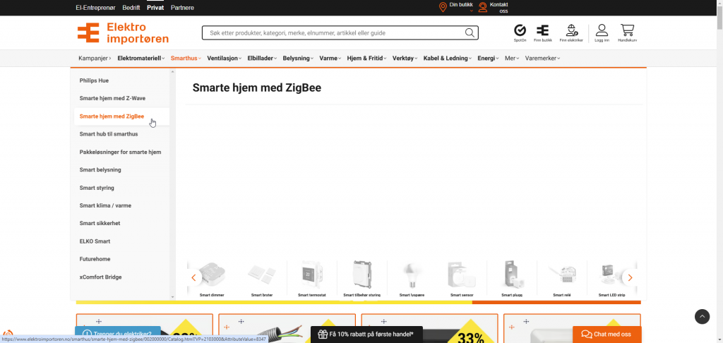 Skjermbilde av smarthus-kategorien på elektroimportoren.no.