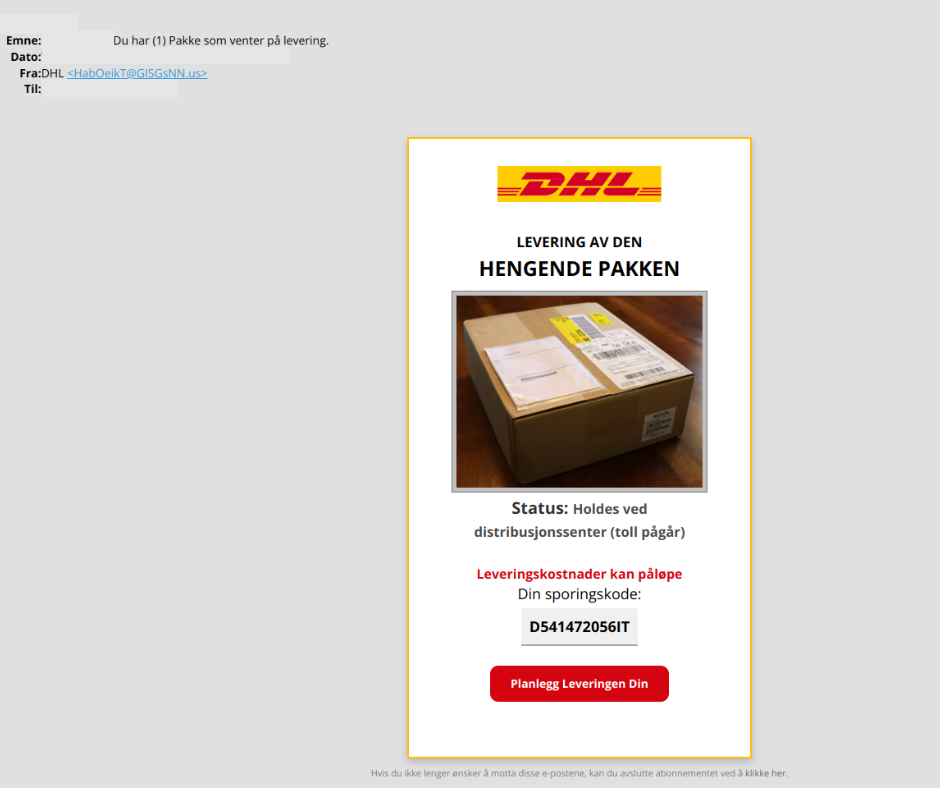 Bilde som viser svindel-epost