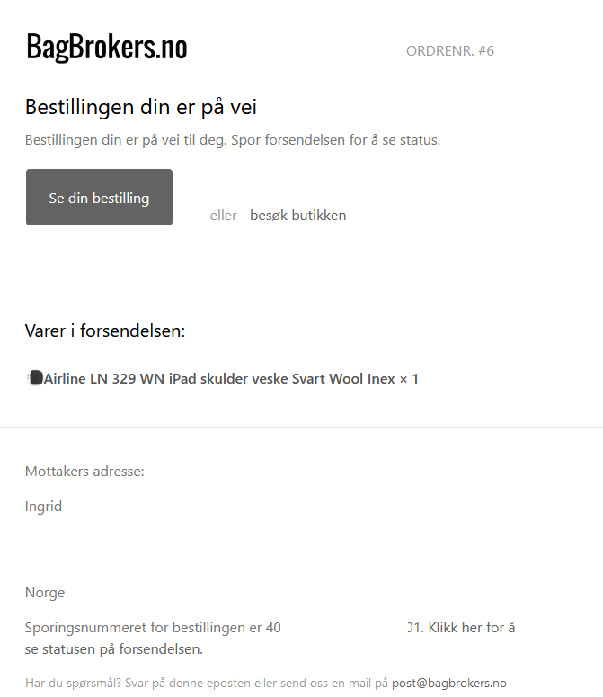 Bilde av sendingsbekreftelse fra bagbrokers.no.
