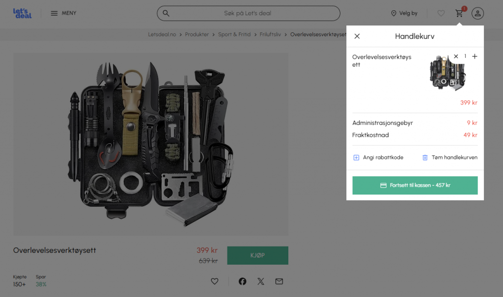 viser handlekurv på letsdeal
