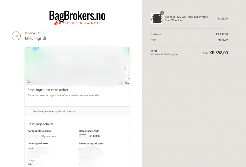 Bilde av ordrebekreftelse fra bagbrokers.no.