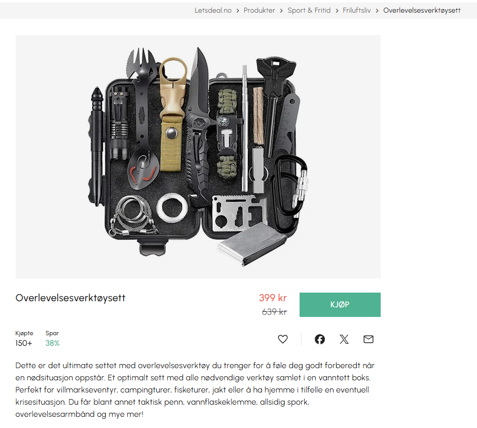 Skjermbilde som viser Overlevelsesverktøysett på letsdeal.no.