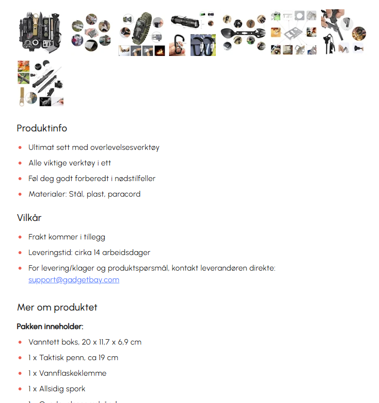 skjermbilde som viser produktinfo