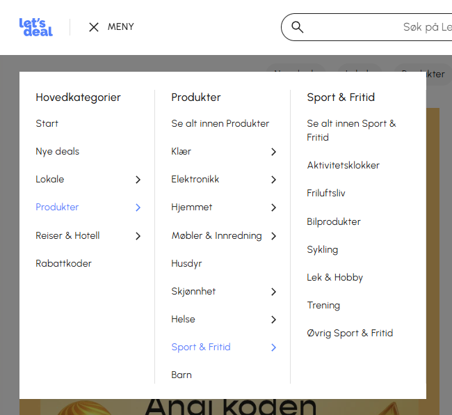 Skjermbilde som viser kategoriene på letsdeal.no.