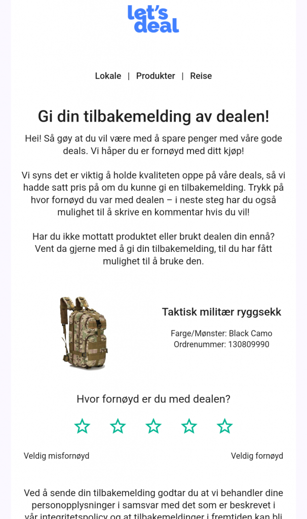 Skjermbilde av tilbakemeldingsmail fra letsdeal.