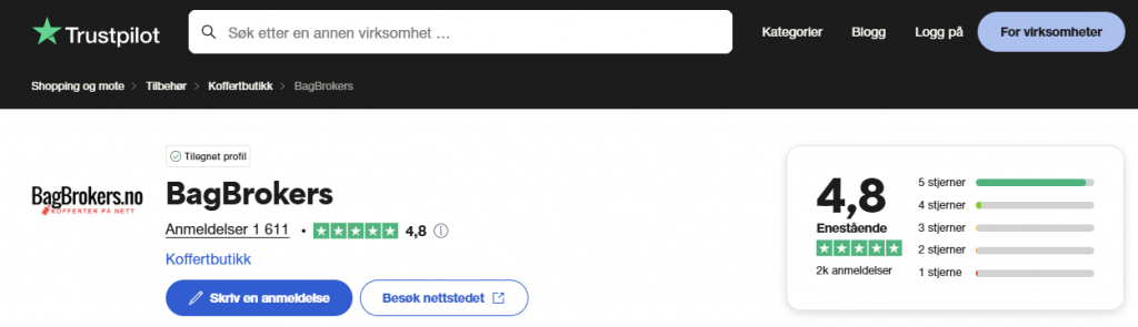 Skjermbilde av skåre på Trustpilot.com.