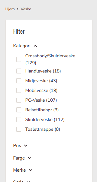 Skjermbilde av filter på bagbrokers.no.