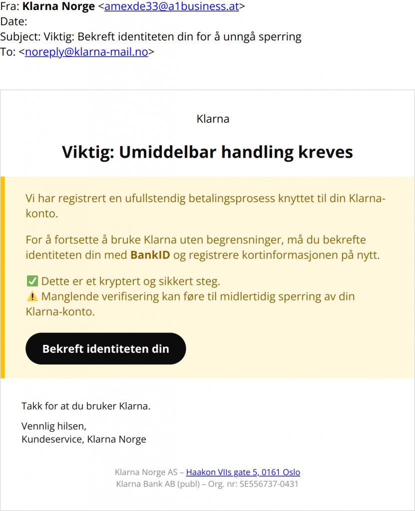 Bilde som viser svindelepost fra Klarna.