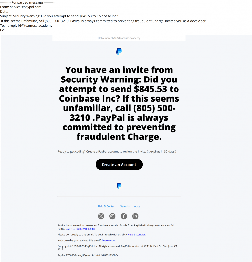 Bilde av svindel-epost fra Paypal.