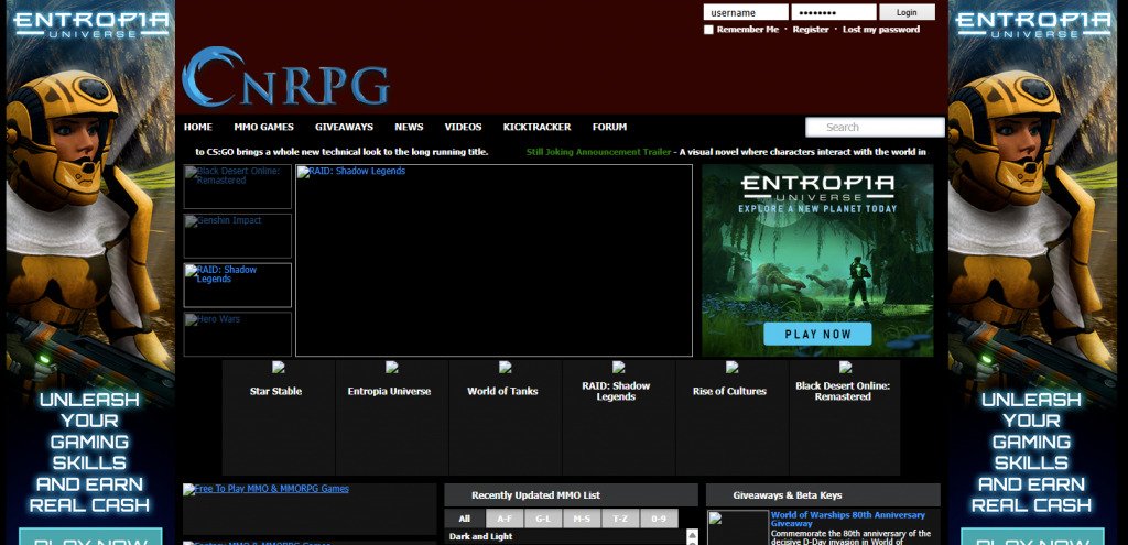 Skjermbilde av nettsiden onrpg.com.