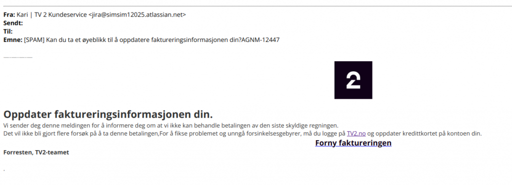 bilde av svindelepost fra tv2