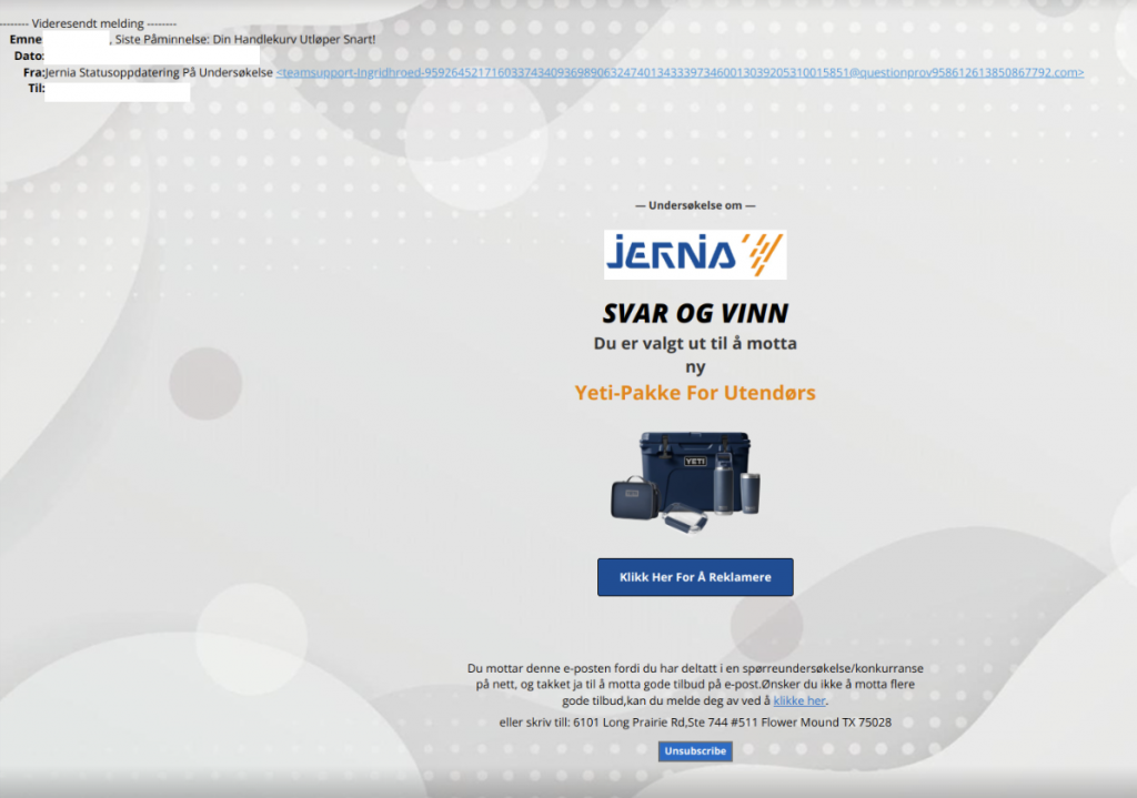 Bilde av svindelepost fra Jernia