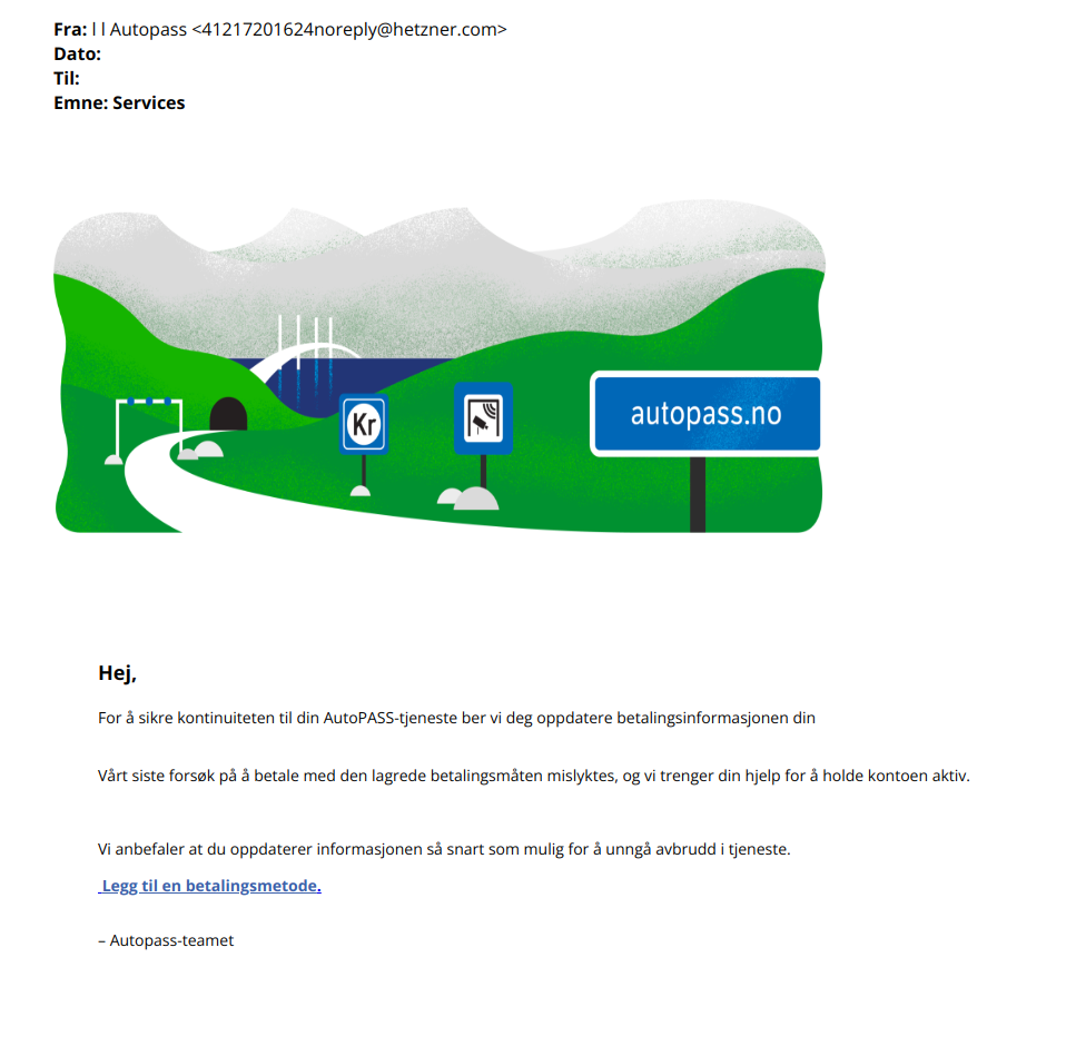 Bilde av svindel epost fra Autopass