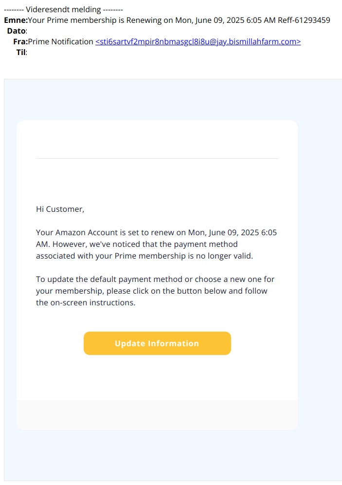 Bilde av svindelepost fra Amazon Prime