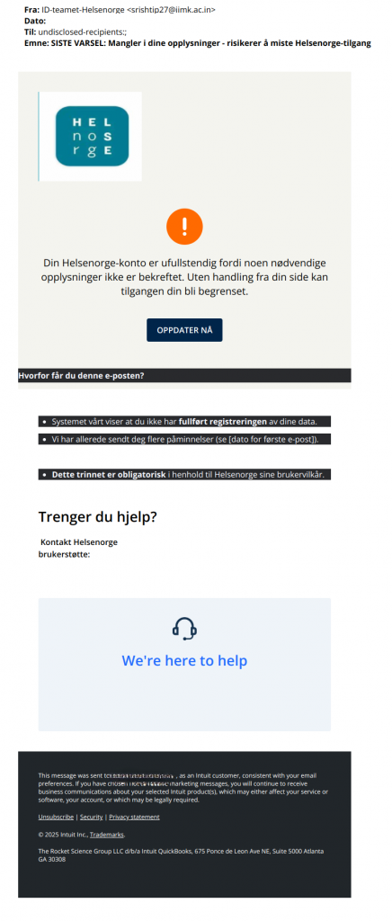 Bilde av svindelepost fra helsenorge