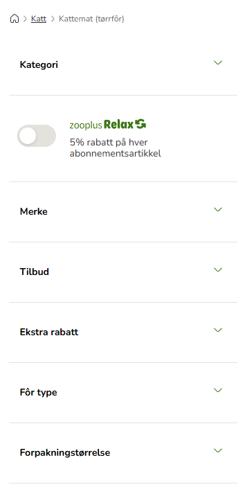 Eksempler på filtreringsmuligheter. (Skjermdump fra Zooplus.no)