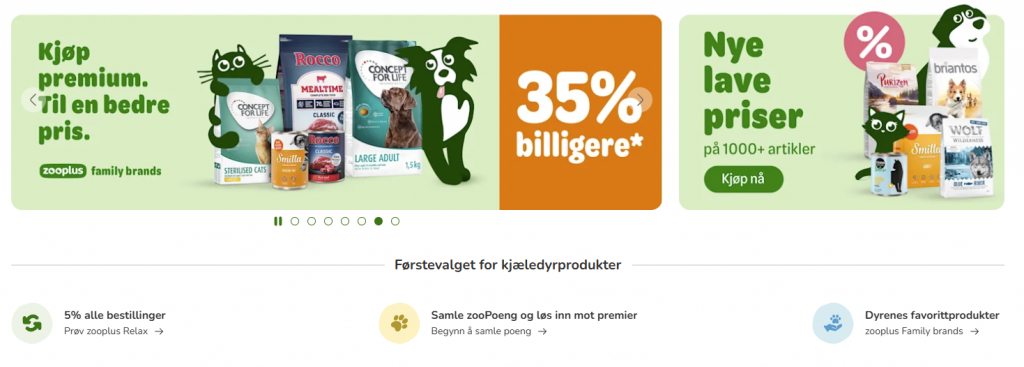 Fokus på fordelene med å være kunde hos Zooplus.no og hvilke rabatter de tilbyr. (Skjerdump fra Zooplus.no)