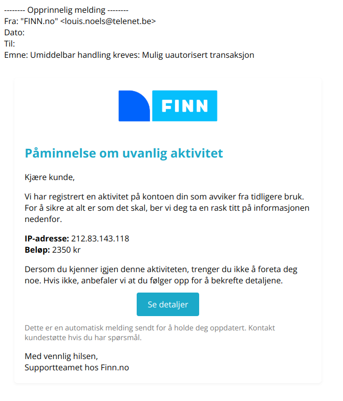 Bilde av svindelmail som utgir seg for å være fra Finn.no.