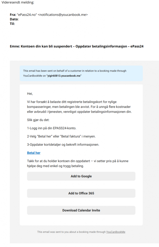 Bilde av svindelepost fra epass24.