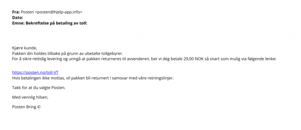 bilde av svindelmail fra posten