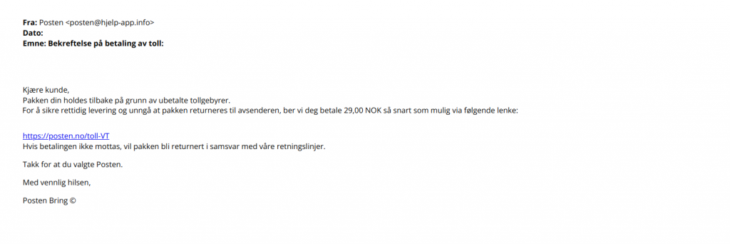 bilde som viser svindel mail fra posten