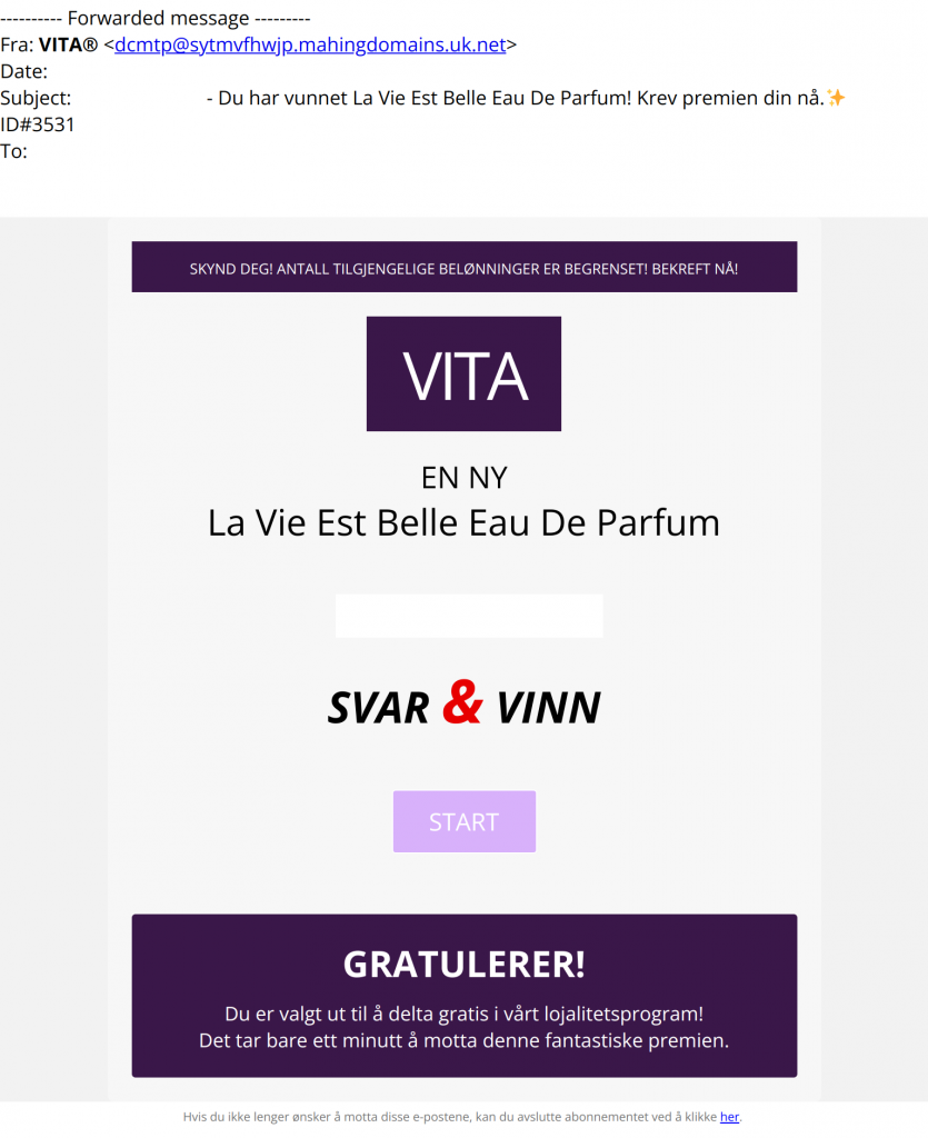 Skjermbilde av svindelmail fra Vita