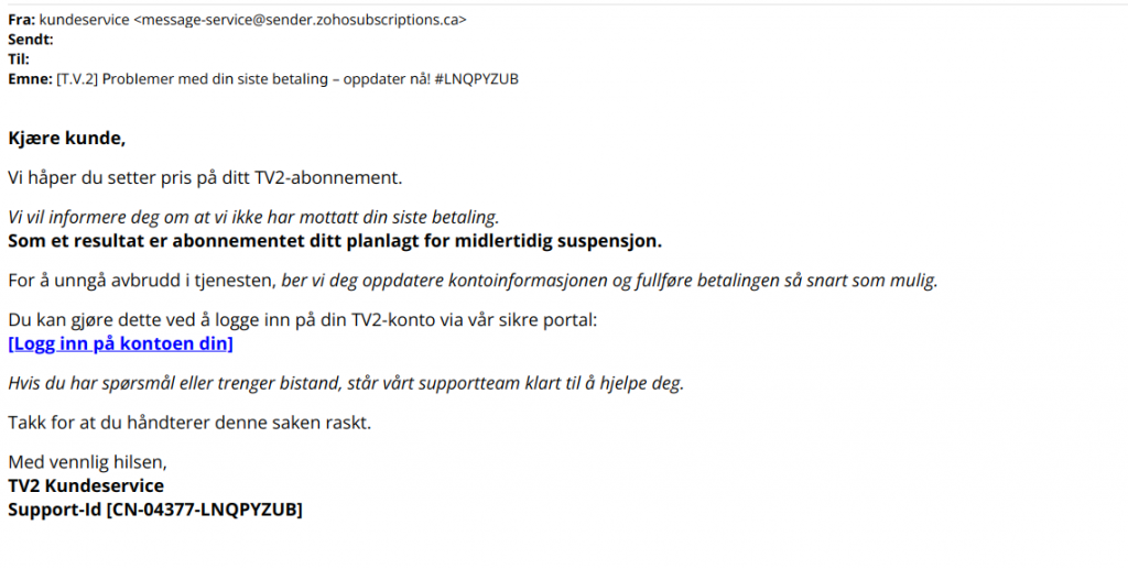 bilde av svindelmail fra tv2 abonnement