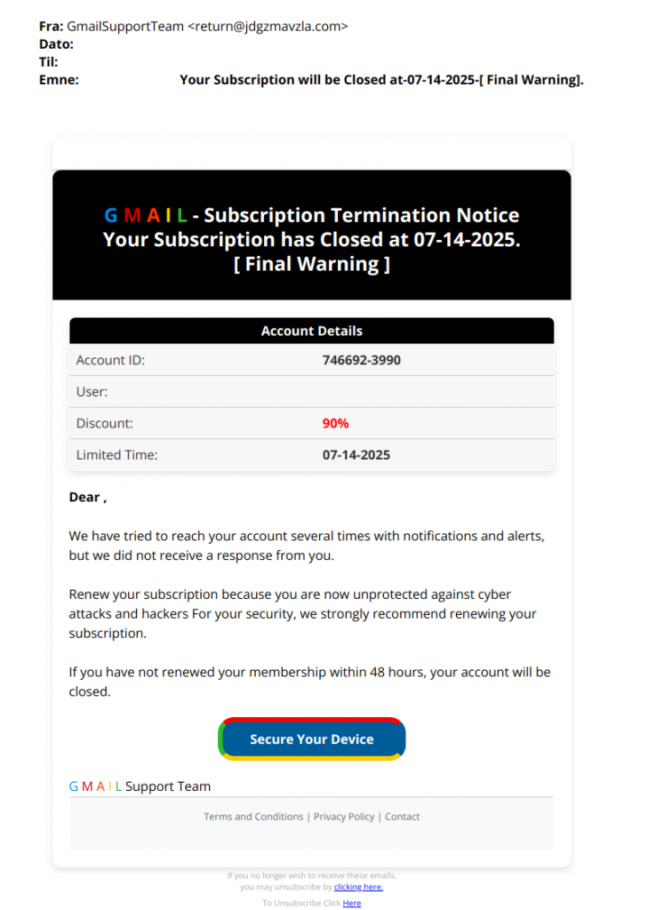 bilde av svindelmail fra gmail subscriptions