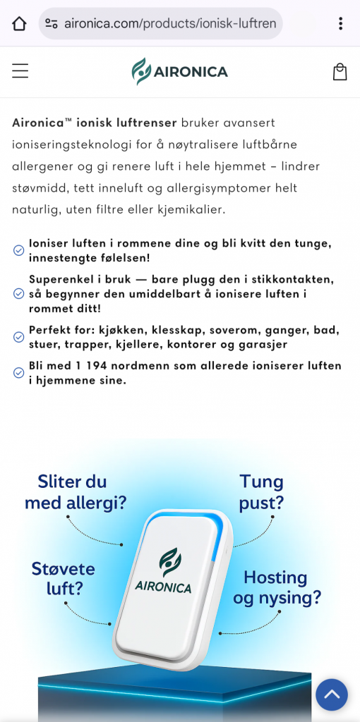 Skjermbilde fra aironica.com.