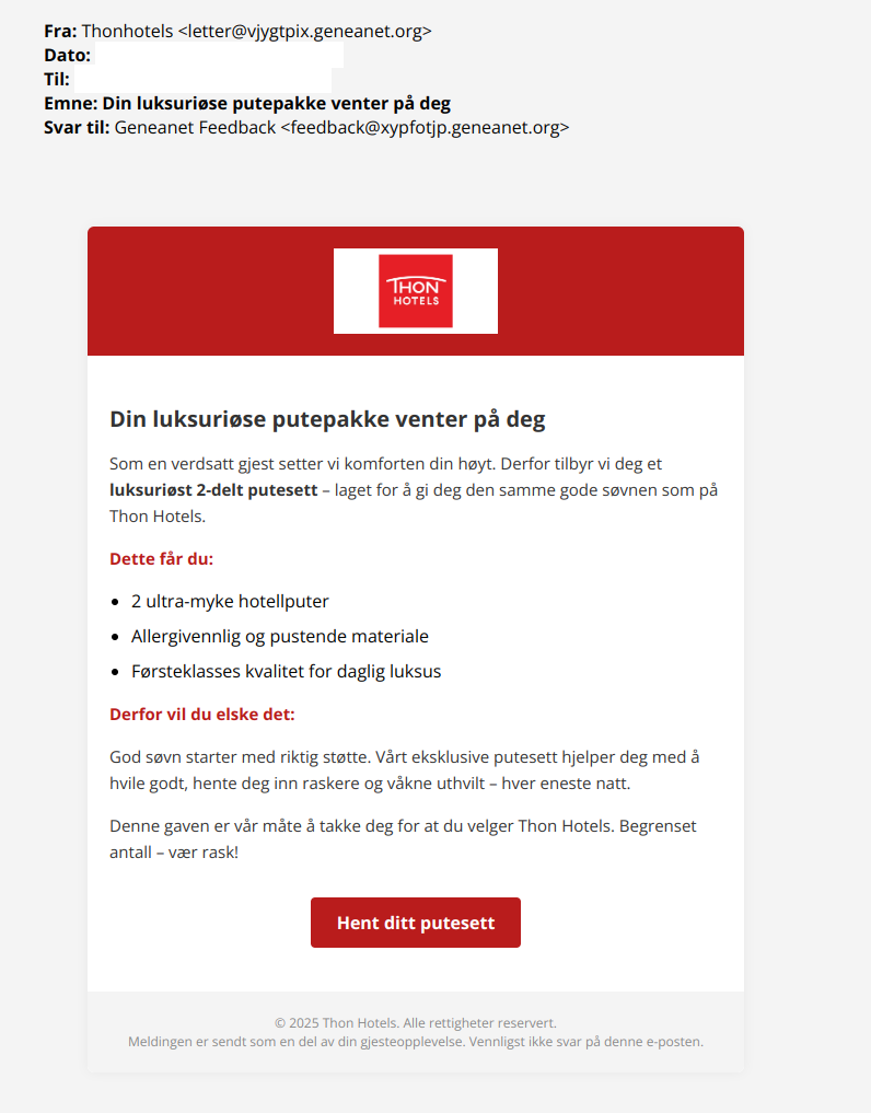 Bilde av svindelepost fra Thon Hotels