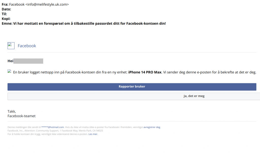 bilde av svindelepost fra facebook