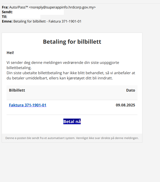Skjermbilde som viser svindelmail fra autopass