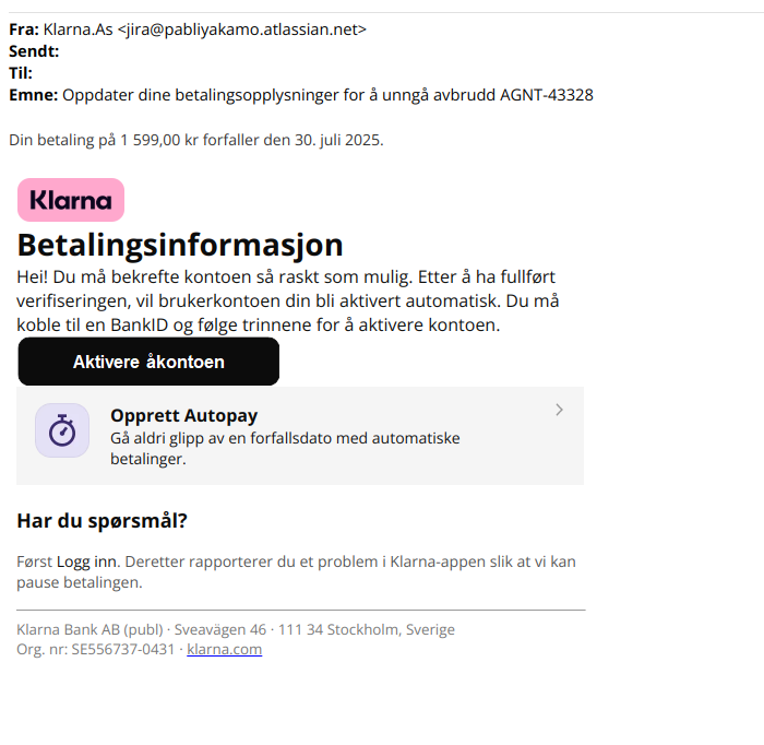 svindel på epost fra Klarna