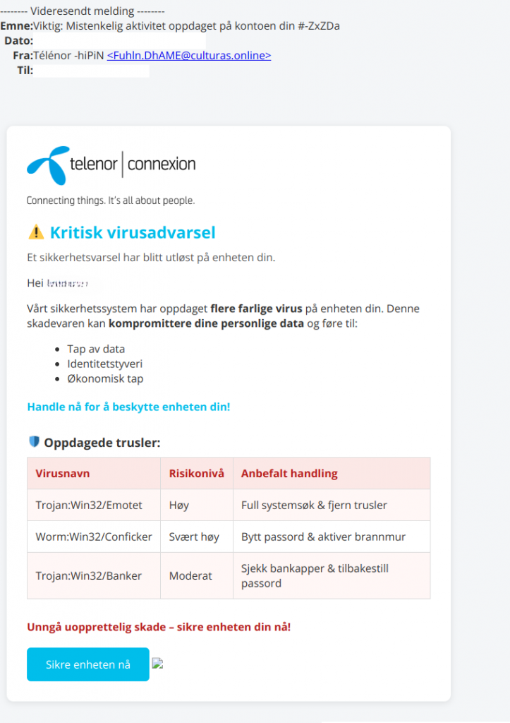 bilde av svindelepost fra Telenor