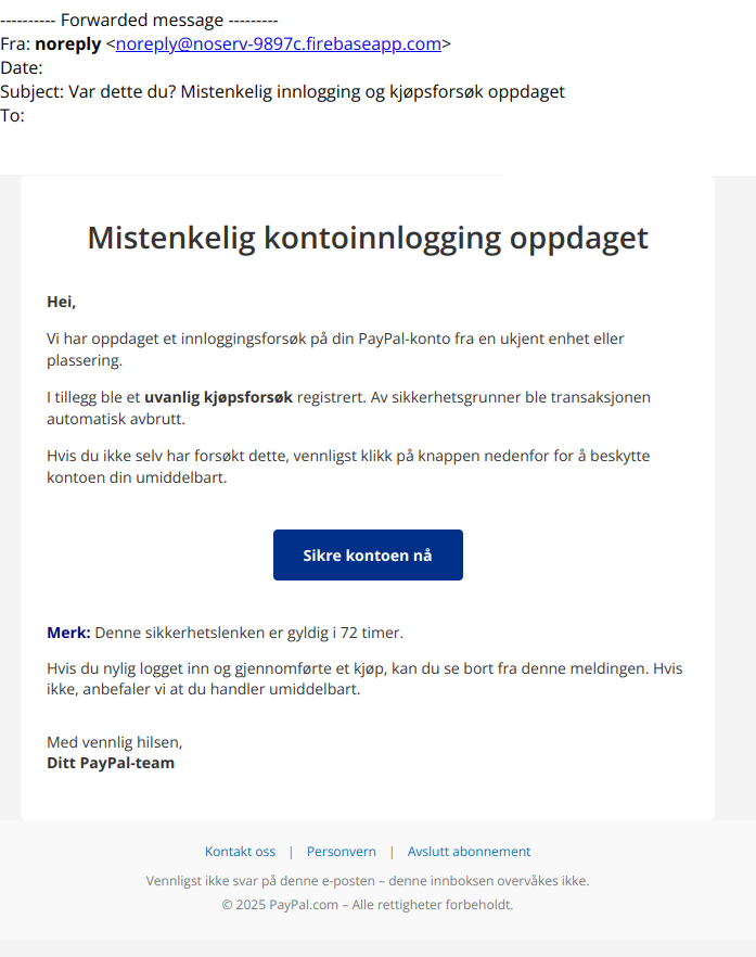 bilde av svindelepost fra paypal