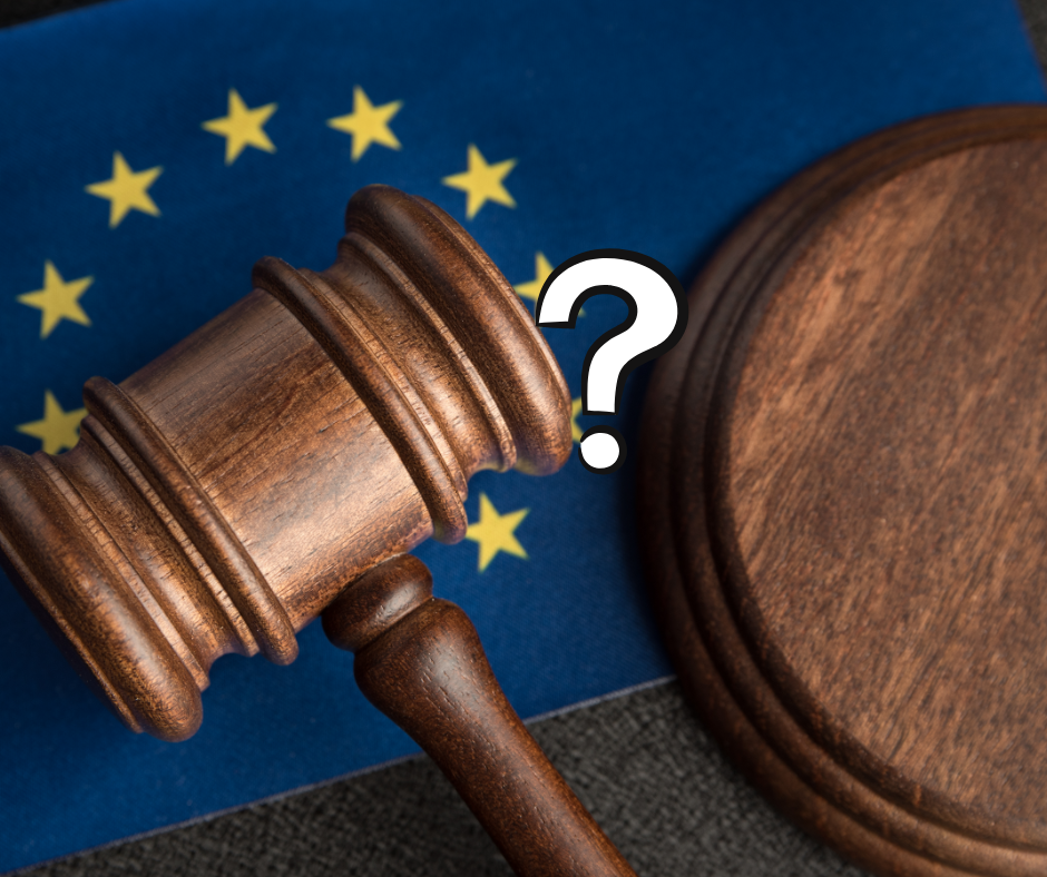 illustrasjonsbilde som viser dommerhammer og eu og spørsmålstegn.