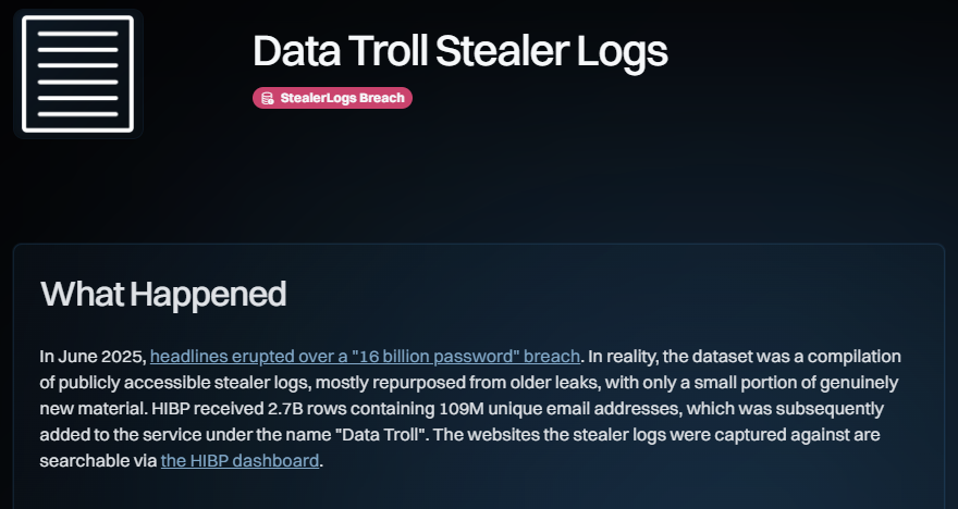 Skjermbilde fra haveibeenpwned.com/Breach/DataTrollStealerLogs