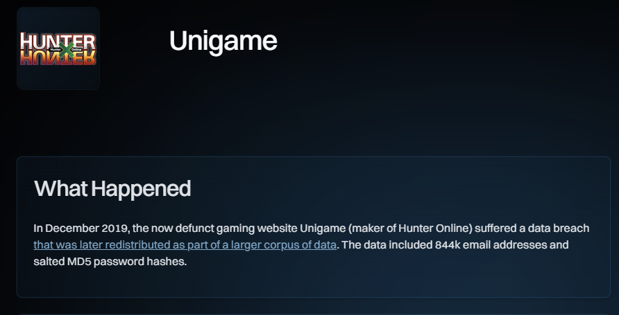 Skjermbilde fra haveibeenpwned.com/Breach/Unigame