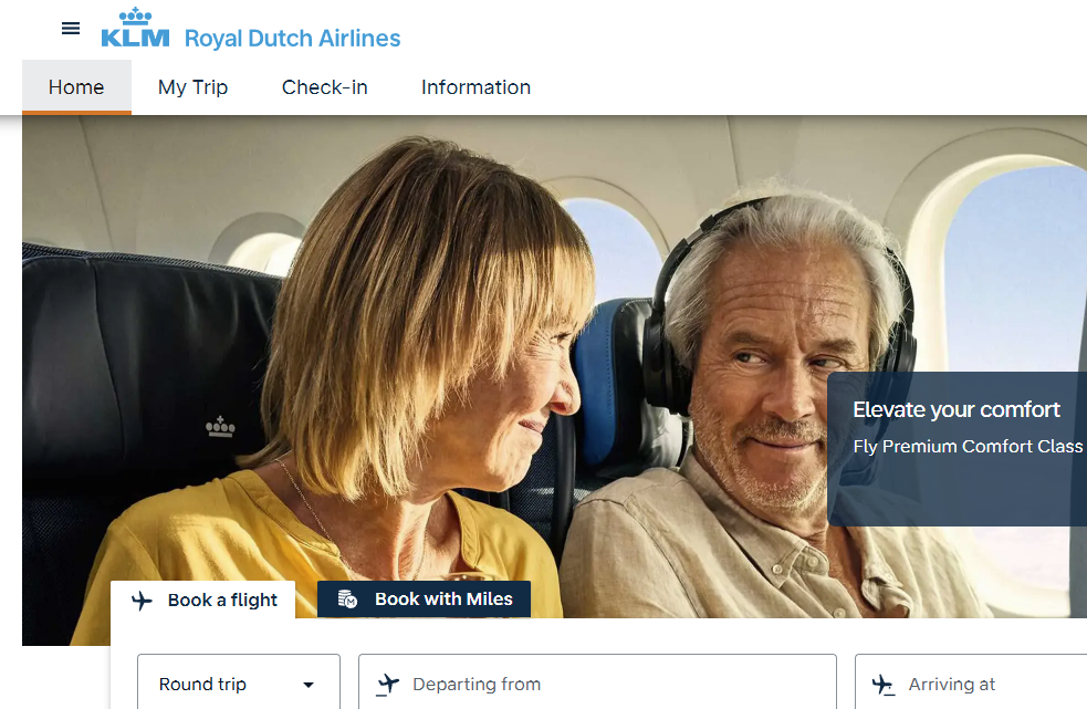 Skjermbilde fra klm.no.