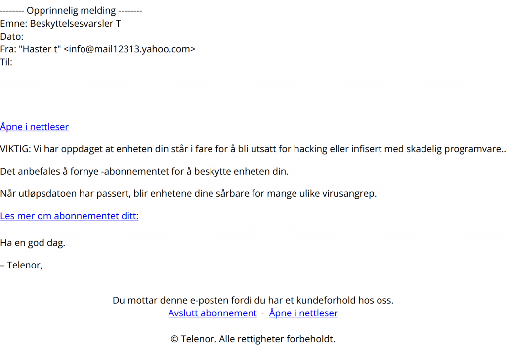 bilde av svindelmail fra telenor
